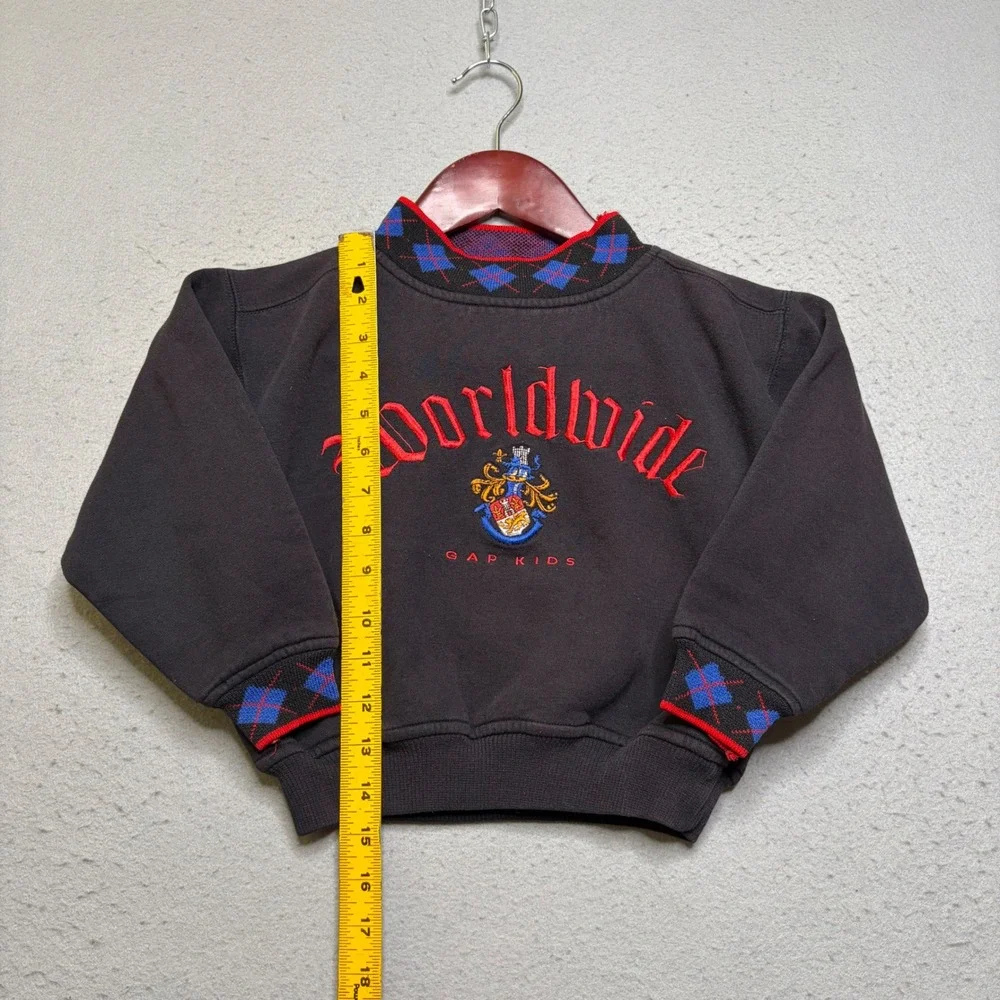 Gap Kids Sweatshirt Unisex 2-4T Blk Worldwide Crest Argyle Vintage 90s Mockneck
